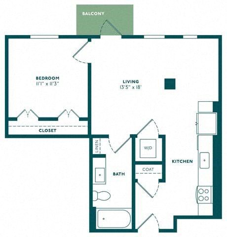 Floor plan for 1 bed, 1 bath, 696 sqft